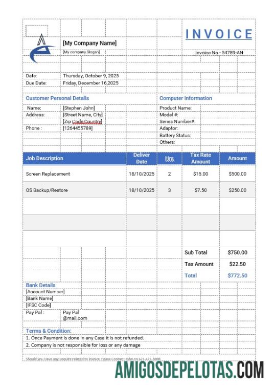 realista Modelo de fatura de conserto de computador